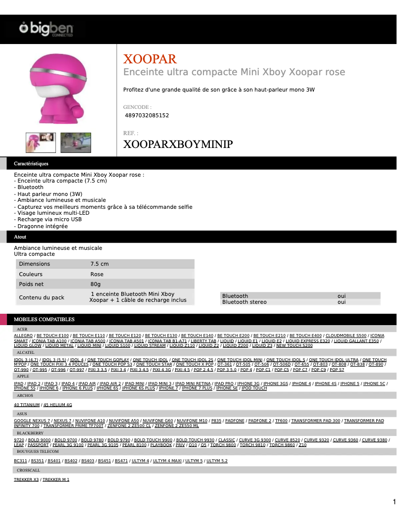 Page 1 de la notice Manuel utilisateur Bigben Mini Xboy Xoopar