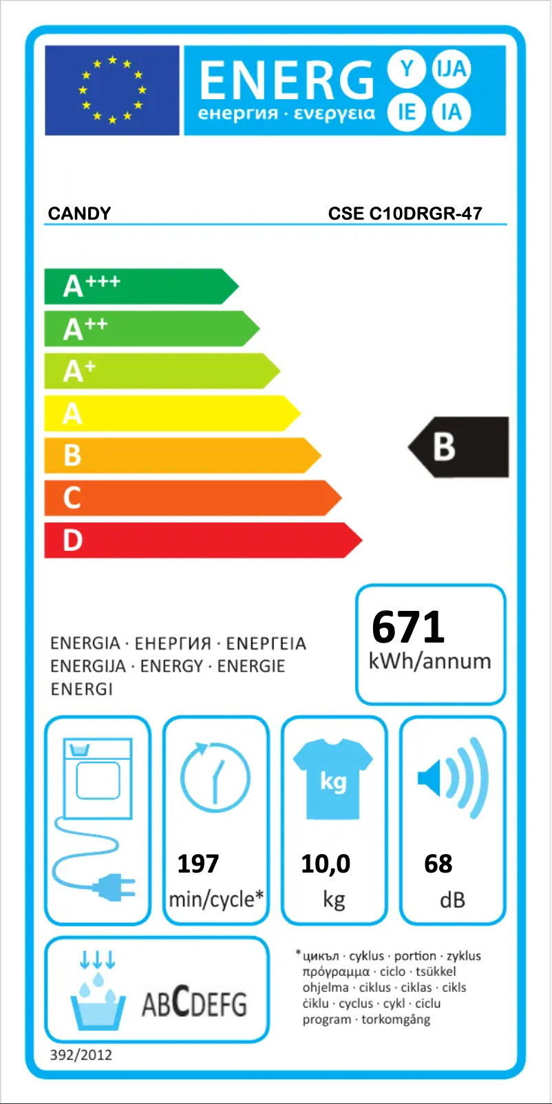 Page n°1 - Label énergétique Candy CSE C10DRGR-47