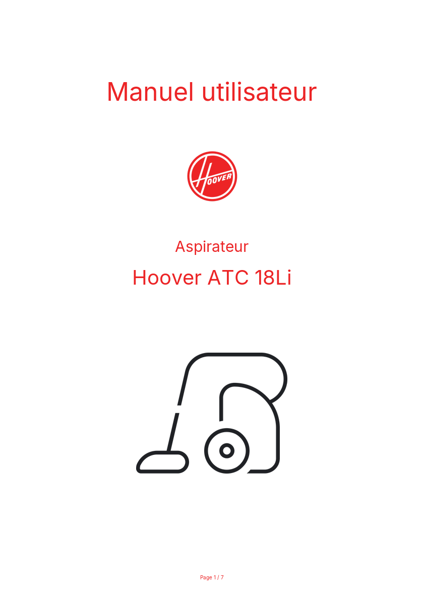 Page n°1 - Manuel utilisateur Hoover ATC 18Li