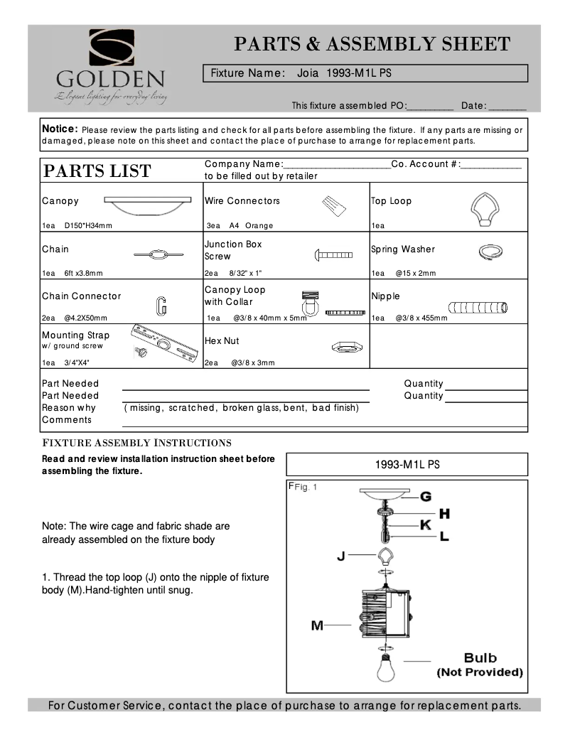 Page n°1 - Manuel utilisateur Golden Lighting Joia 1993-M1L PS