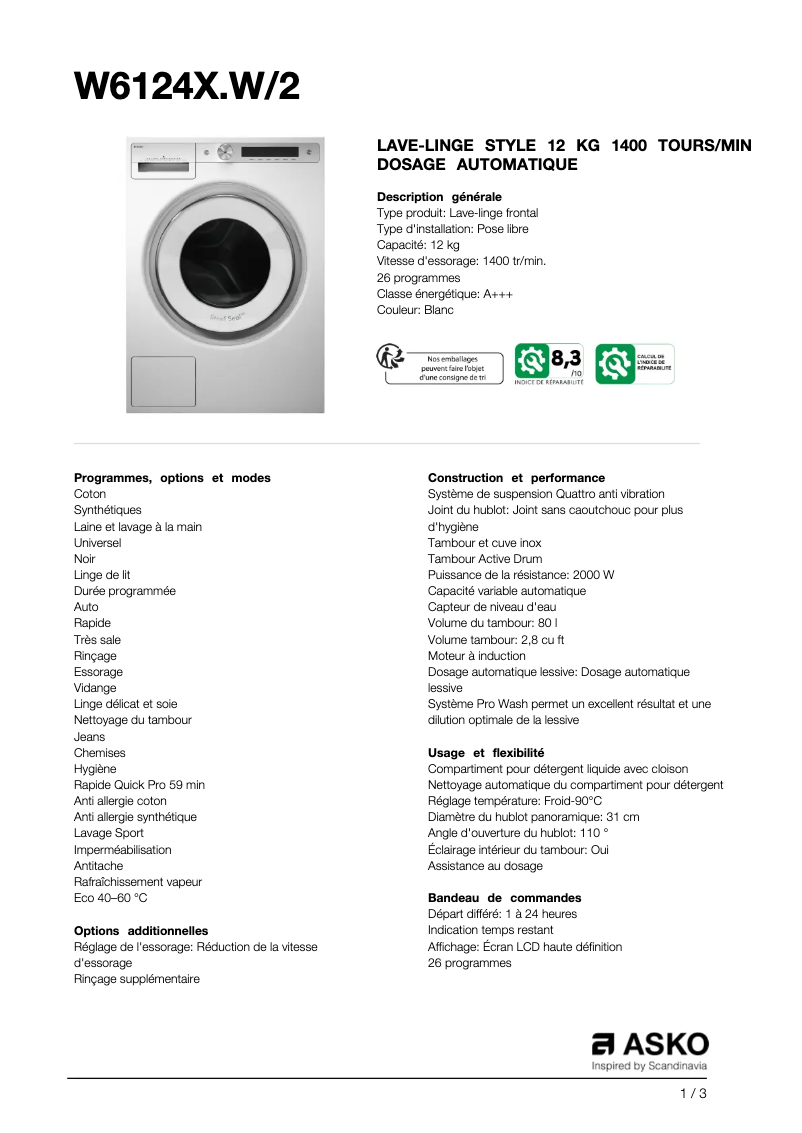 Page n°1 - Fiche technique Asko W6124XW2
