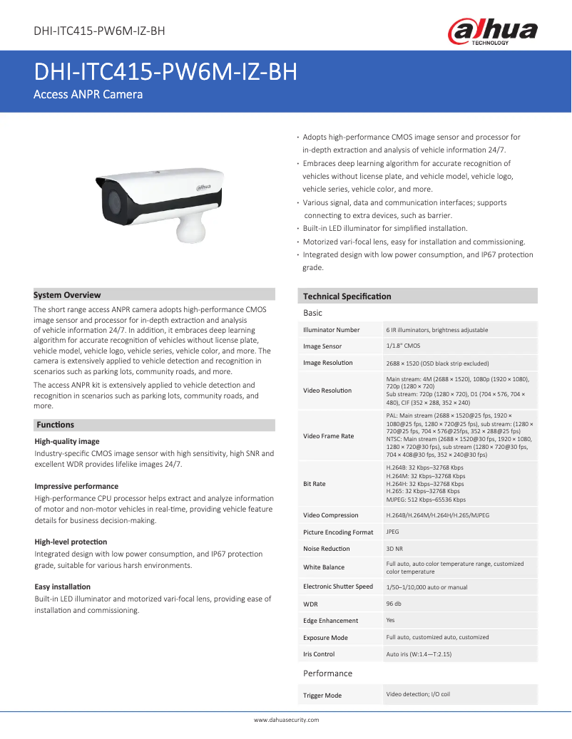 Page 1 de la notice Fiche technique Dahua Technology ITC415-PW6M-IZ-BH