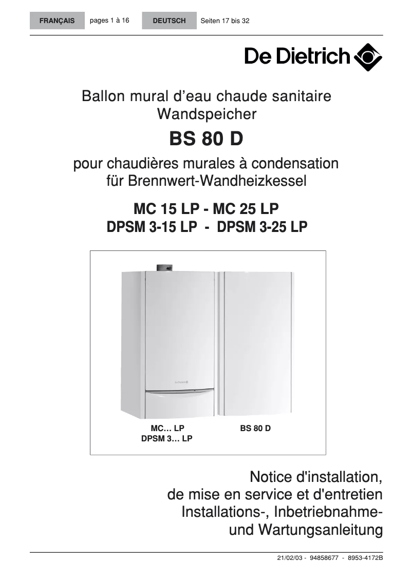 Page 1 de la notice Manuel utilisateur De Dietrich BS 80 D
