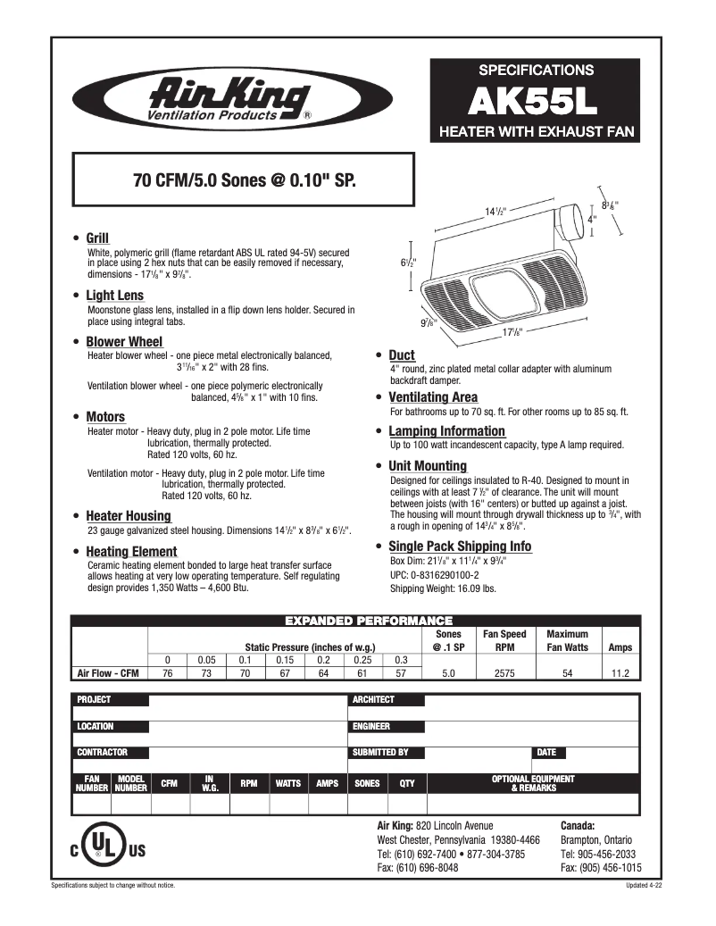 Page n°1 - Fiche technique Air King AK55L