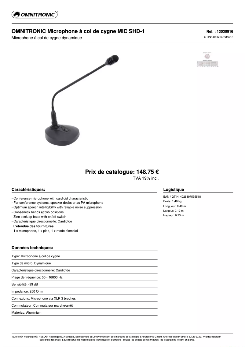Page n°1 - Fiche technique Omnitronic SHD-1