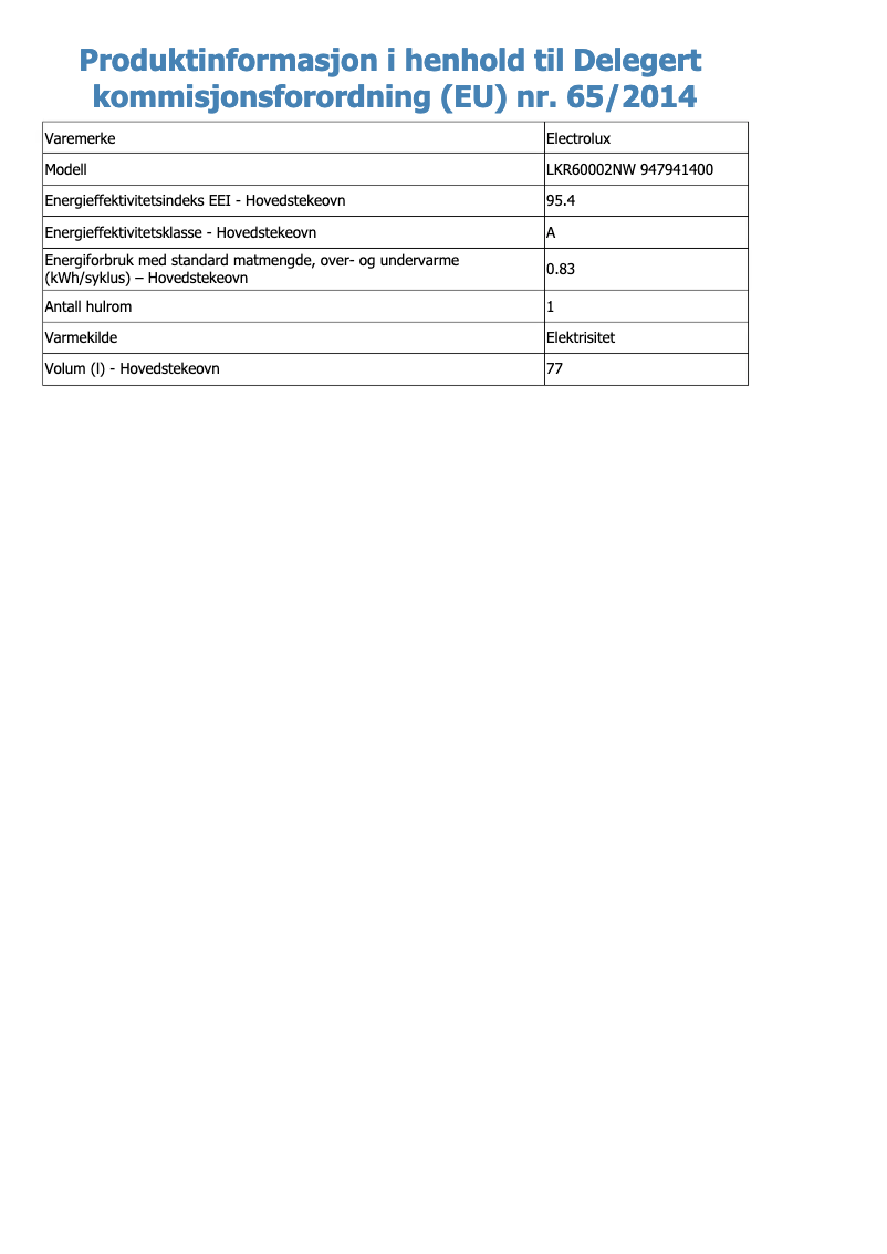 Page n°1 - Fiche technique Electrolux LKR60002NW