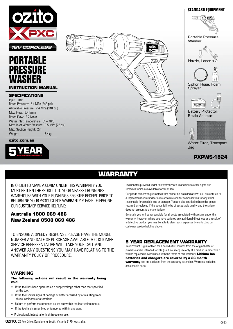 Page n°1 - Manuel utilisateur Ozito PXPWK-2524