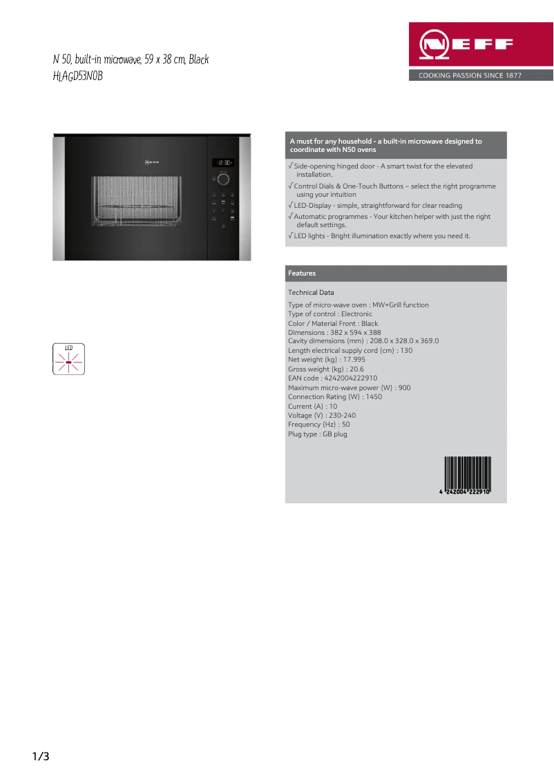 Page 1 de la notice Fiche technique Neff HLAGD53N0B