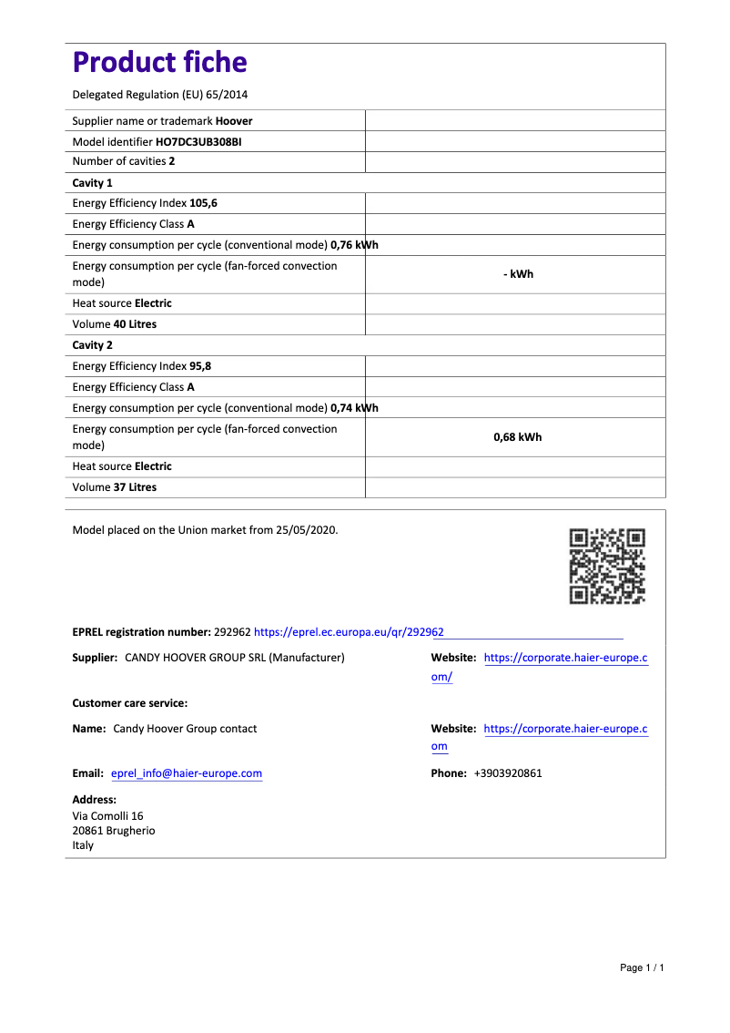 Page n°1 - Fiche technique Hoover H-OVEN 300 HO7DC3UB308BI