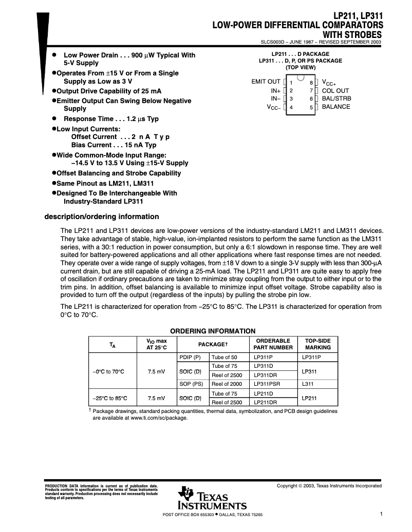 Page 1 de la notice Manuel utilisateur Texas Instruments LP311DR