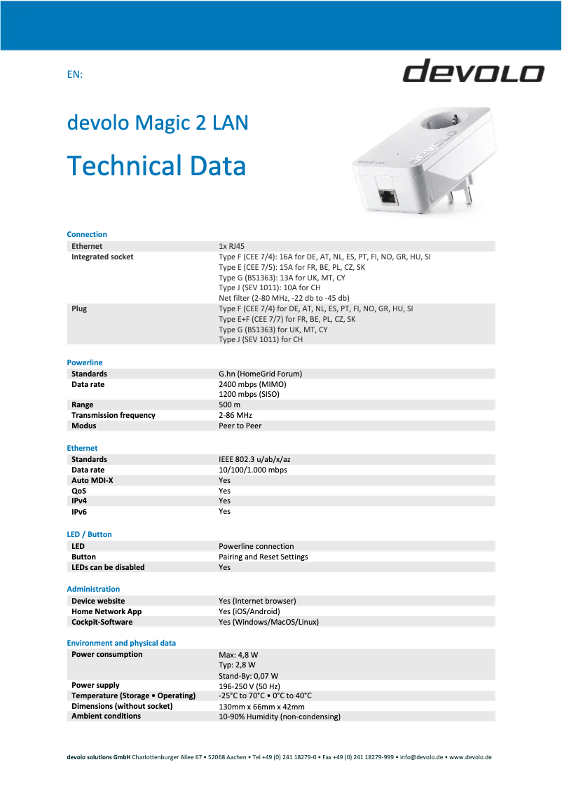 Page 1 of the manual Technical Sheet Devolo Magic 2 LAN