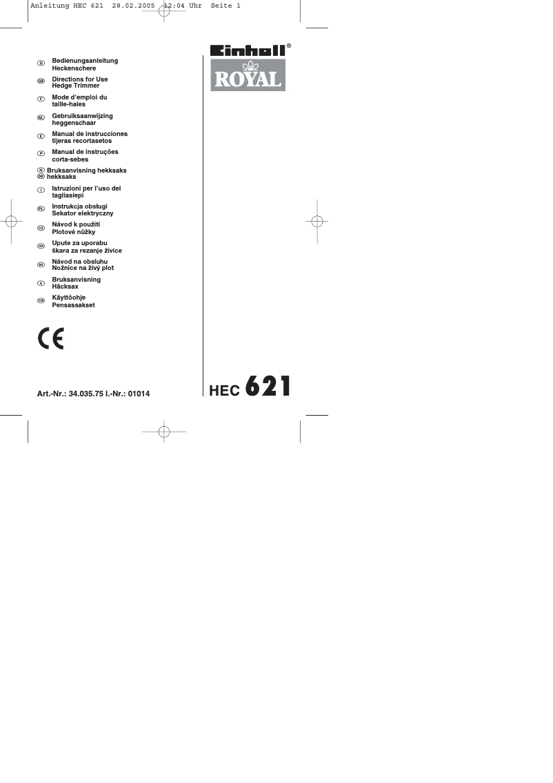 Page n°1 - Manuel utilisateur Einhell Royal HEC 621