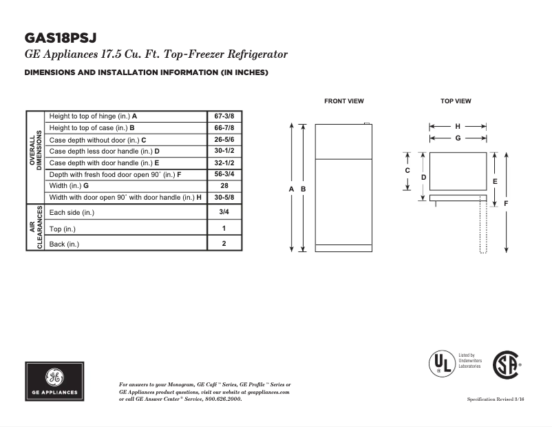 Página 1 del manual Ficha técnica GE GAS18PSJSS