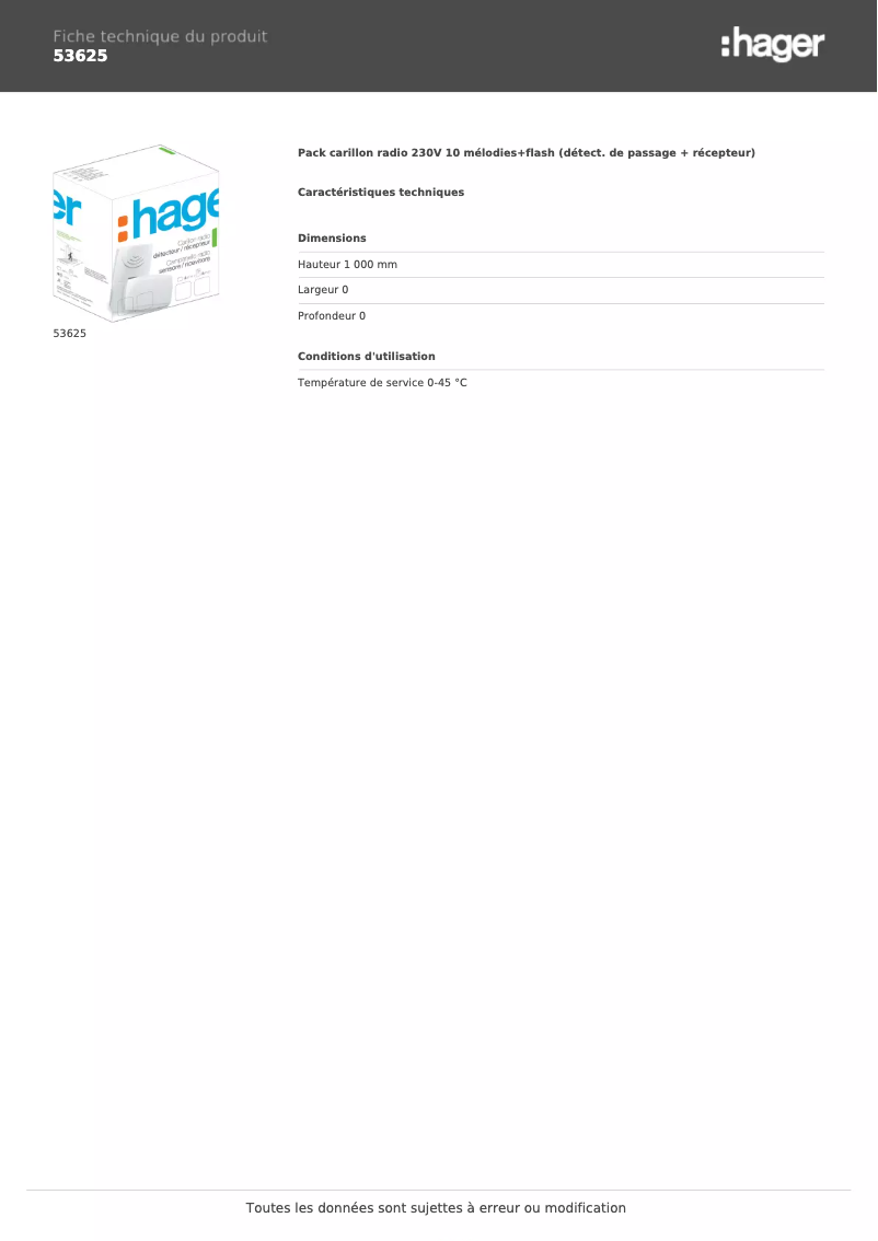 Page 1 de la notice Fiche technique Hager 53625