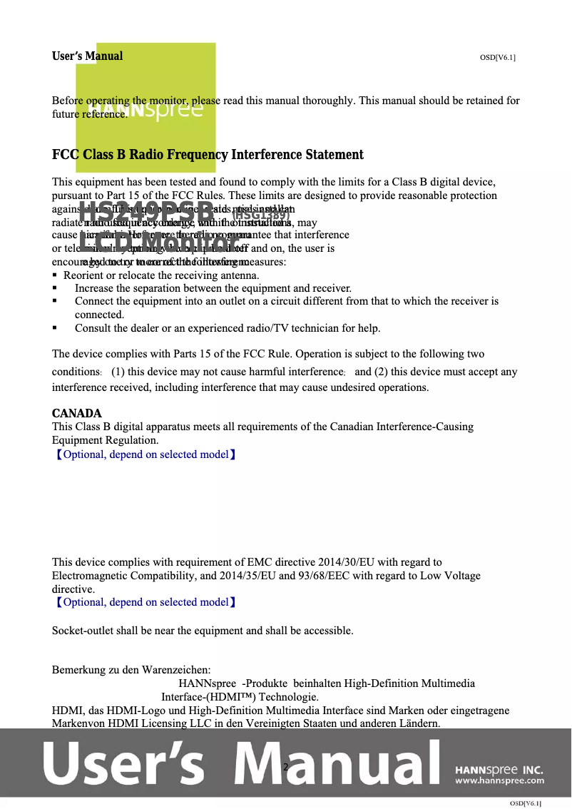 Page 1 de la notice Mode d'emploi Hannspree HS 249 PSB