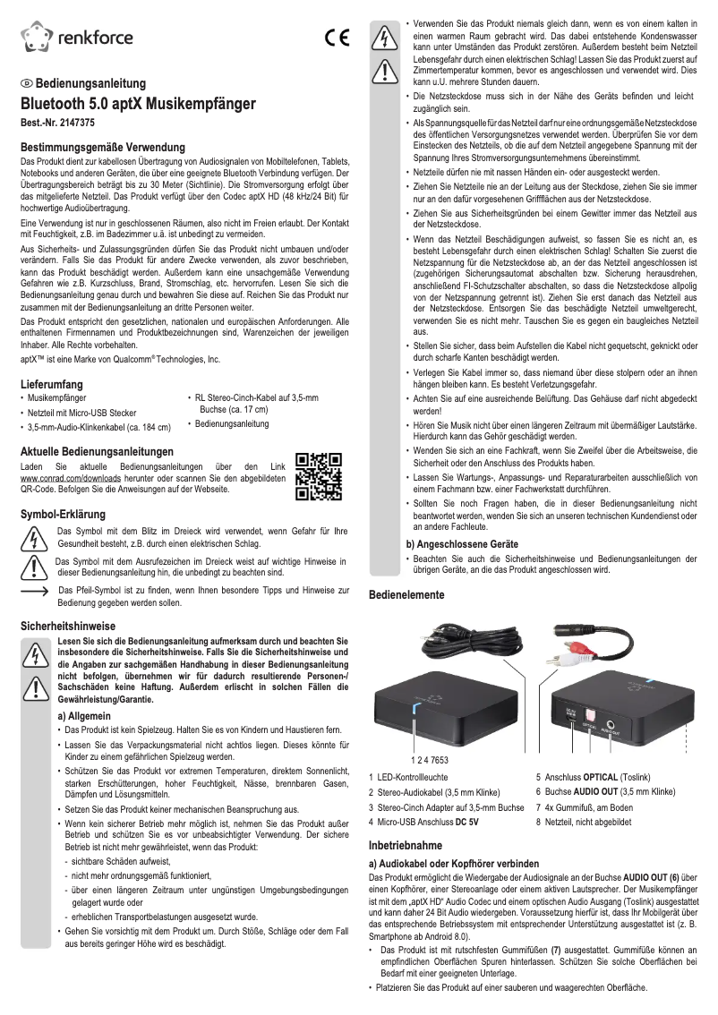 Page 1 de la notice Manuel utilisateur Renkforce BTR-1500HD