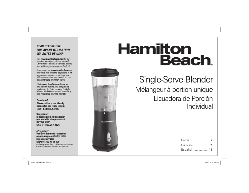 Page 1 de la notice Manuel utilisateur Hamilton Beach Single-Serve 51101R