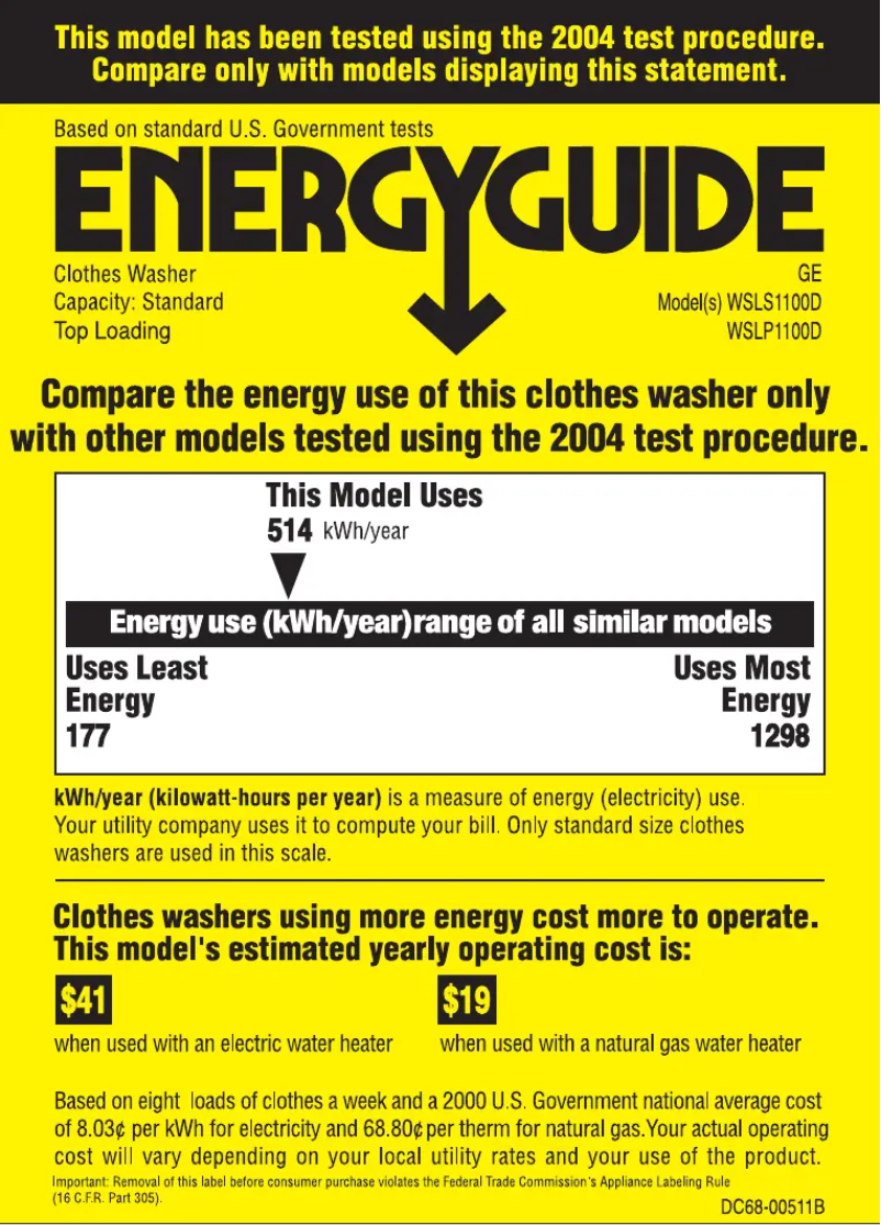Page n°1 - Label énergétique GE WSLS1100DWW