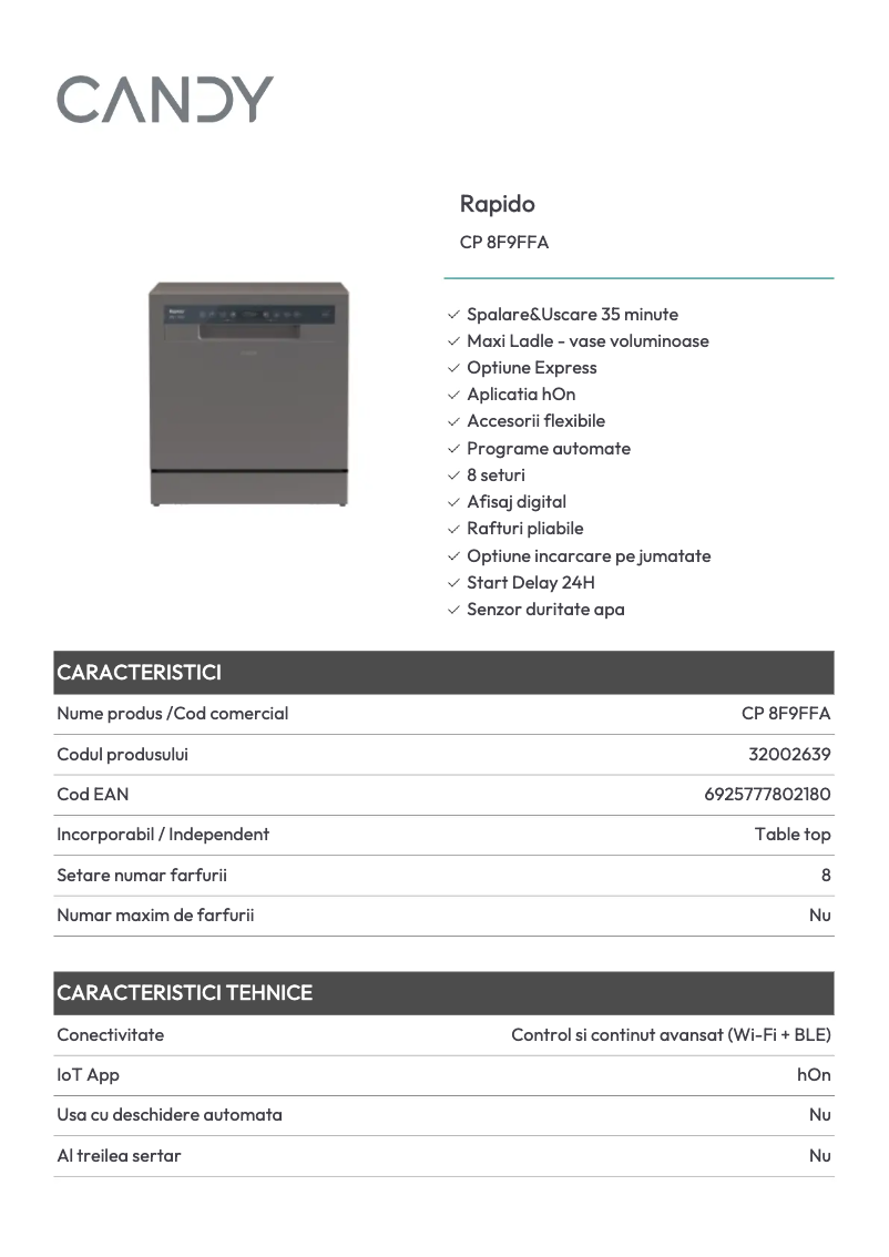 Page 1 de la notice Fiche technique Candy CP 8F9FFA