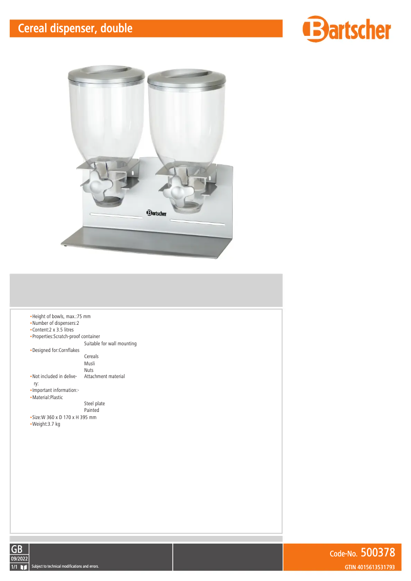 Page 1 de la notice Fiche technique Bartscher 500378