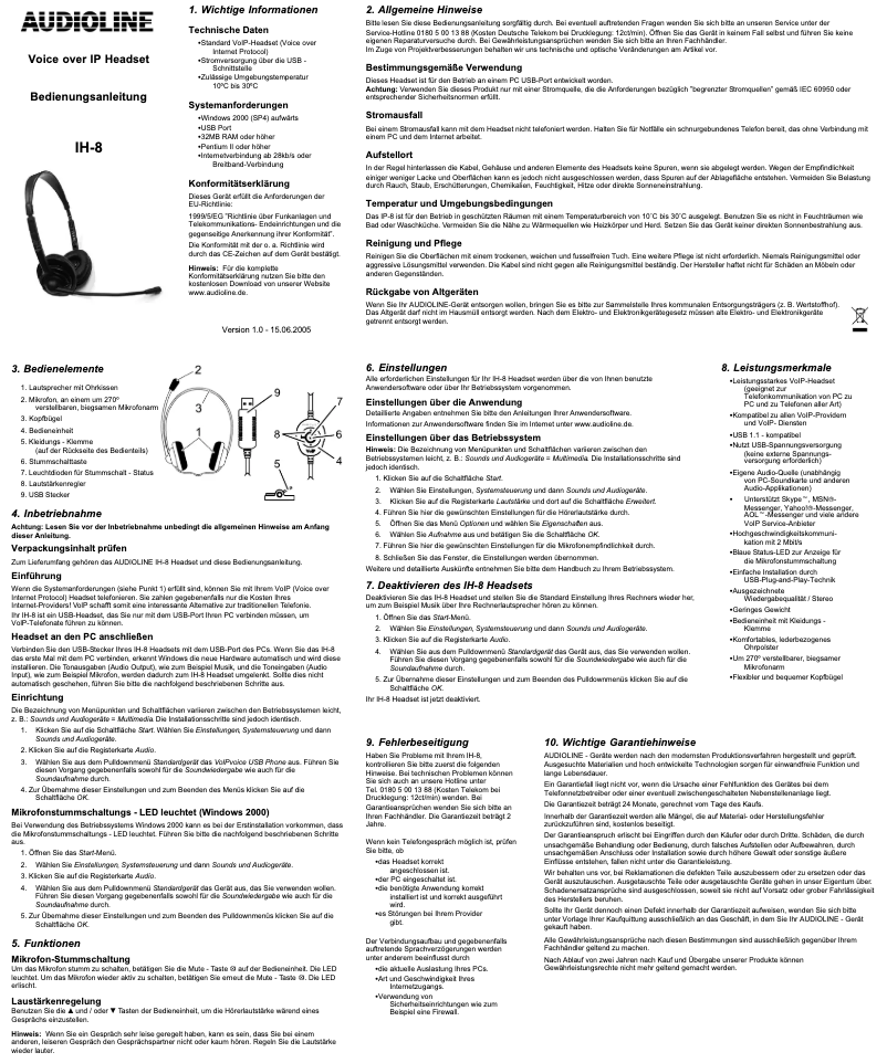 Page n°1 - Manuel utilisateur Audioline IH 8