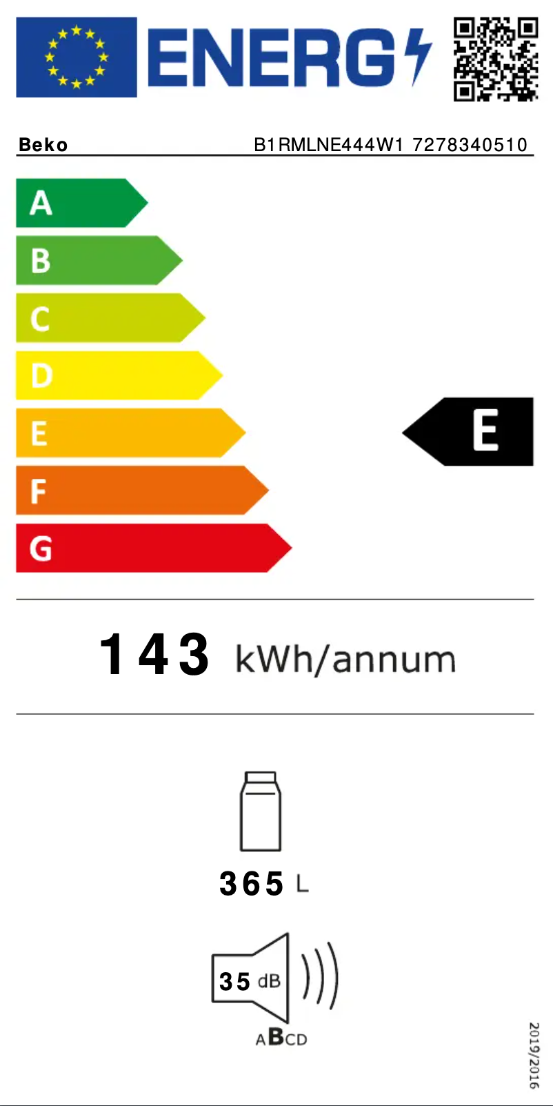 Page 1 de la notice Label énergétique Beko B1RMLNE444W1