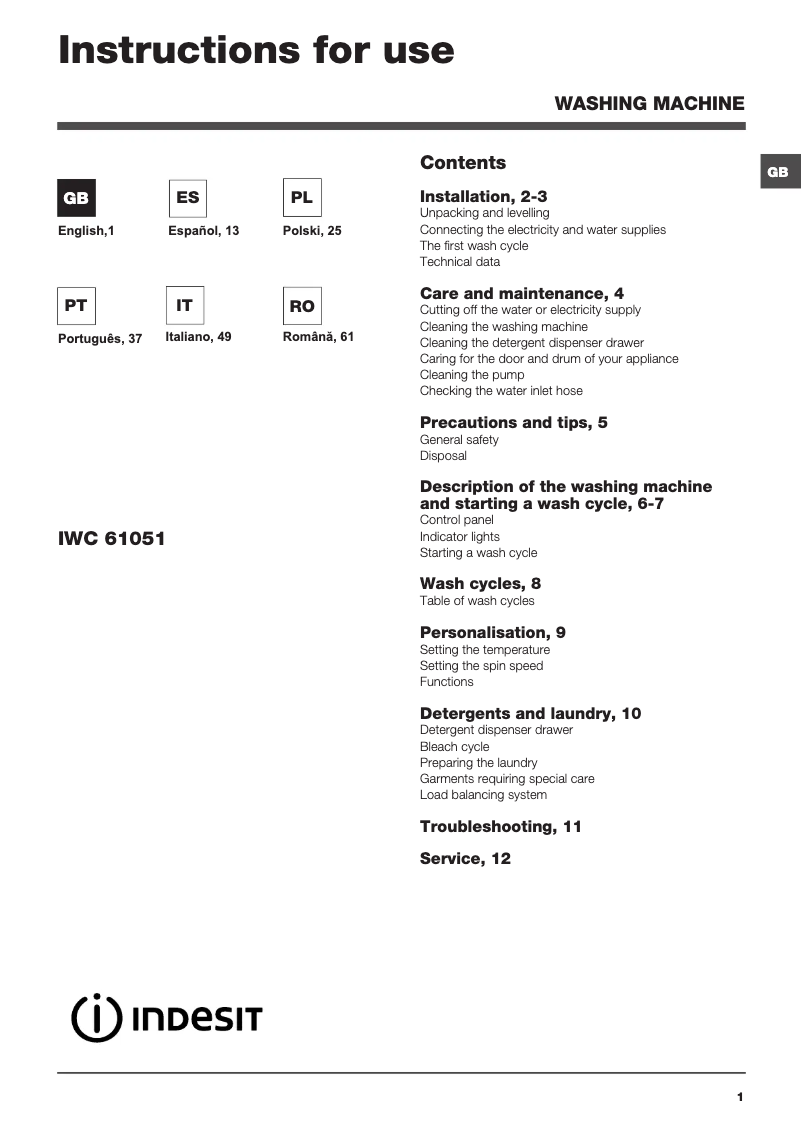 Page 1 de la notice Manuel utilisateur Indesit IWC 61051 EU