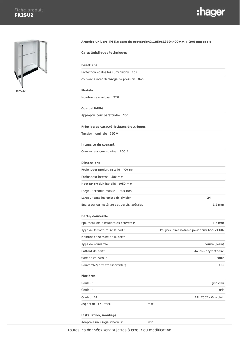 Page 1 de la notice Fiche technique Hager FR25U2