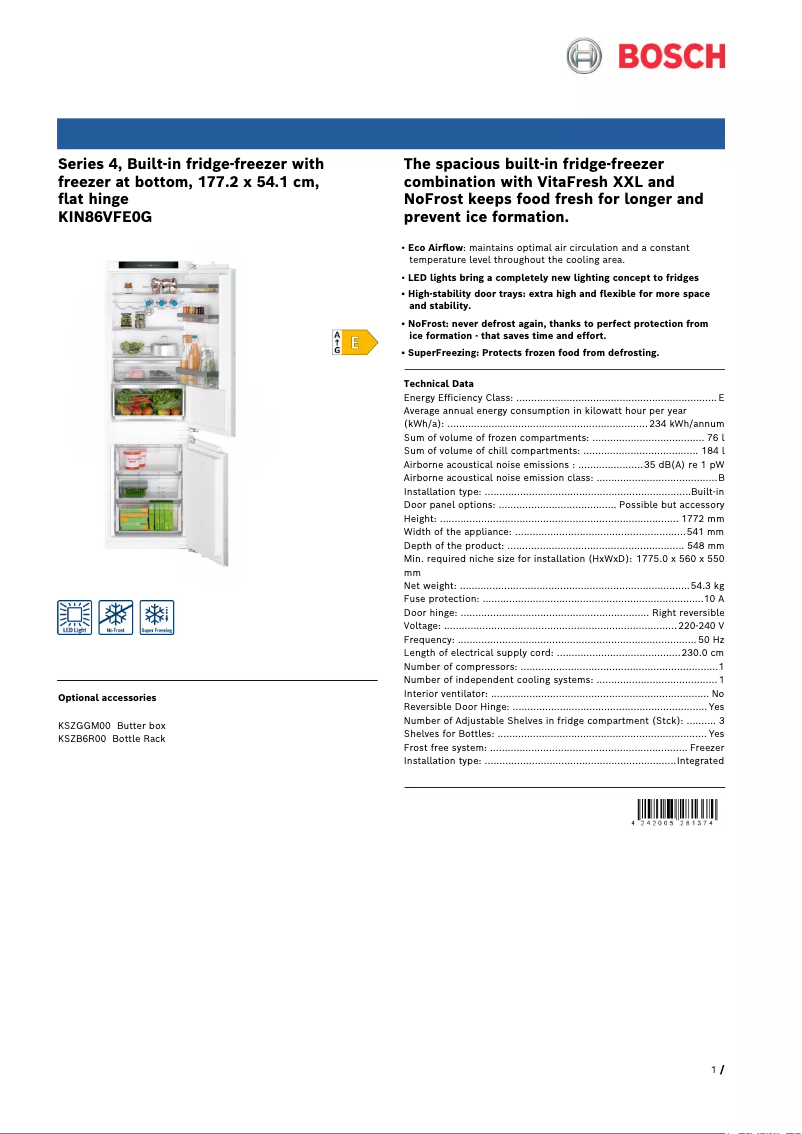Page 1 de la notice Fiche technique Bosch Serie 4 KIN86VFE0G