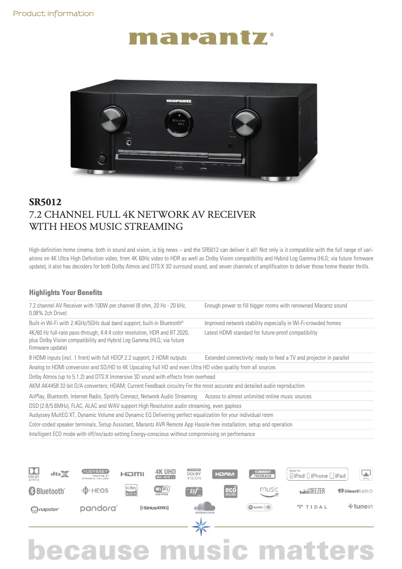 Page 1 de la notice Fiche technique Marantz SR5012