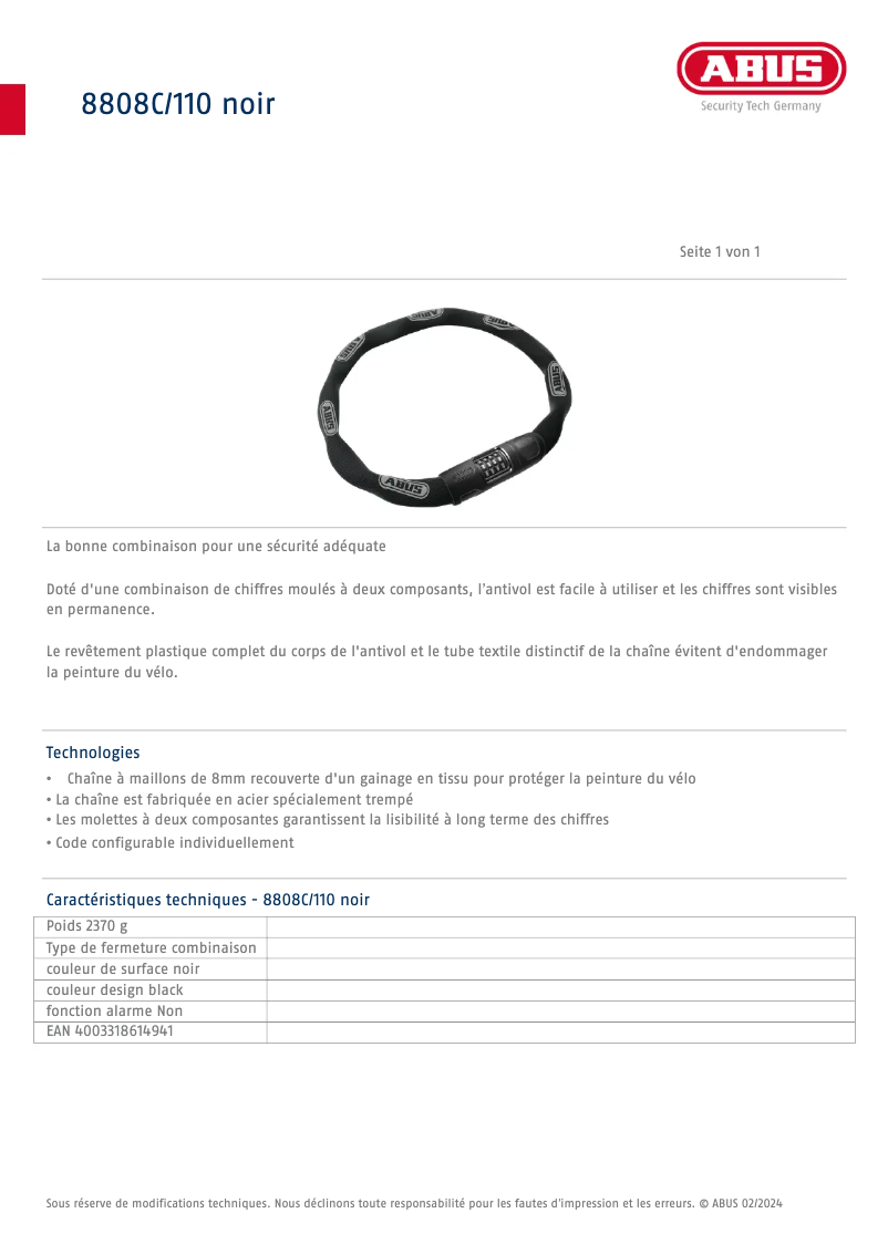 Page 1 de la notice Manuel utilisateur Abus 8808C