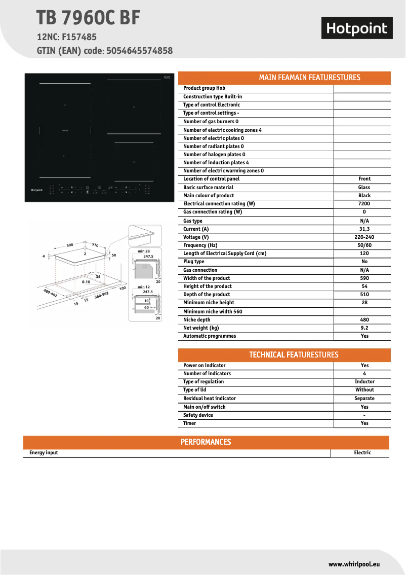 Page 1 de la notice Fiche technique Hotpoint TB 7960C BF