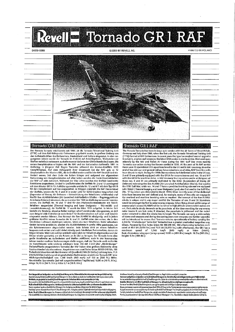 Page n°1 - Manuel utilisateur Revell Tornado GR.1 RAF