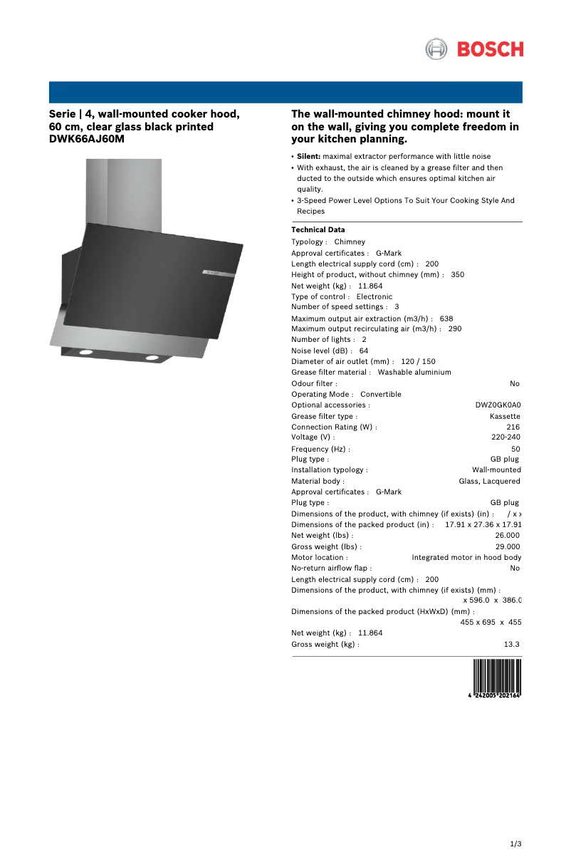 Page 1 de la notice Fiche technique Bosch DWK66AJ60M