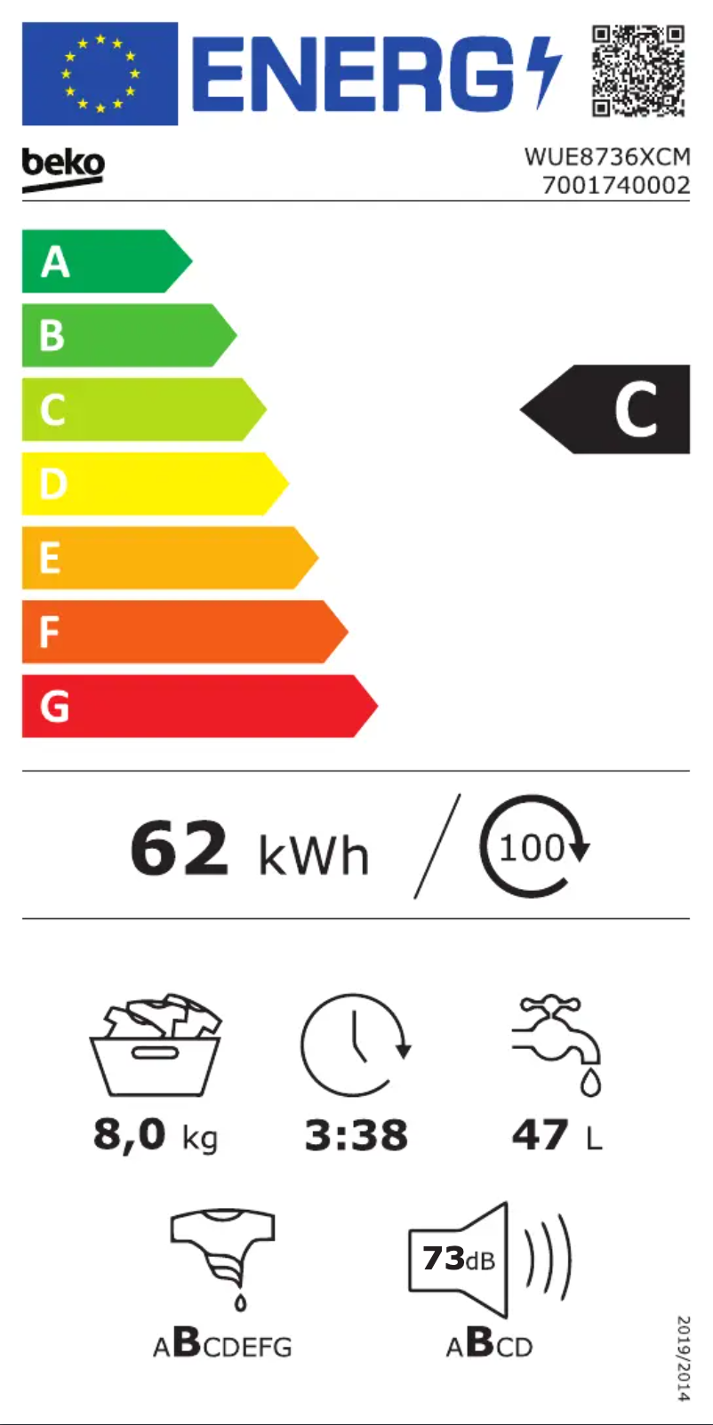 Page 1 de la notice Label énergétique Beko WUE8736XCM