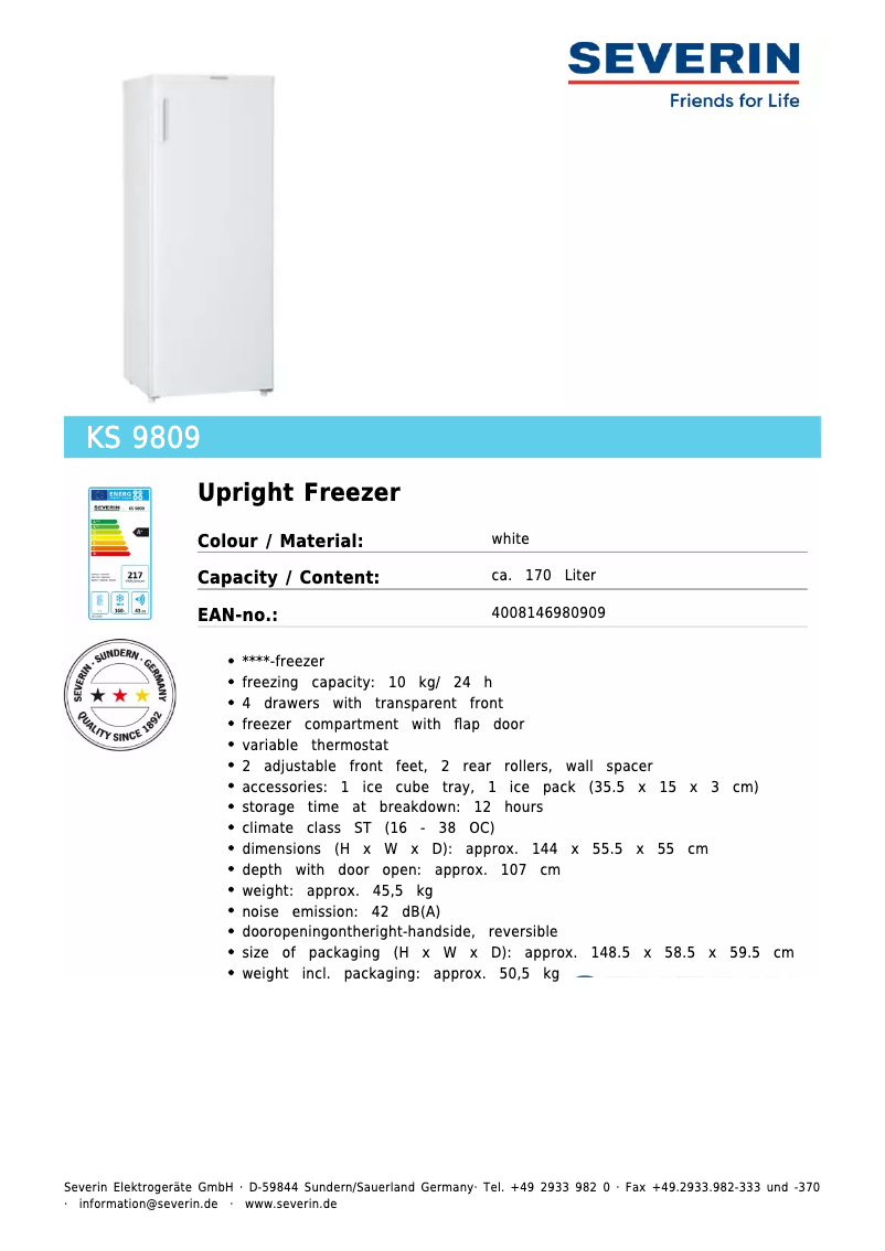 Página 1 del manual Ficha técnica Severin KS 9809