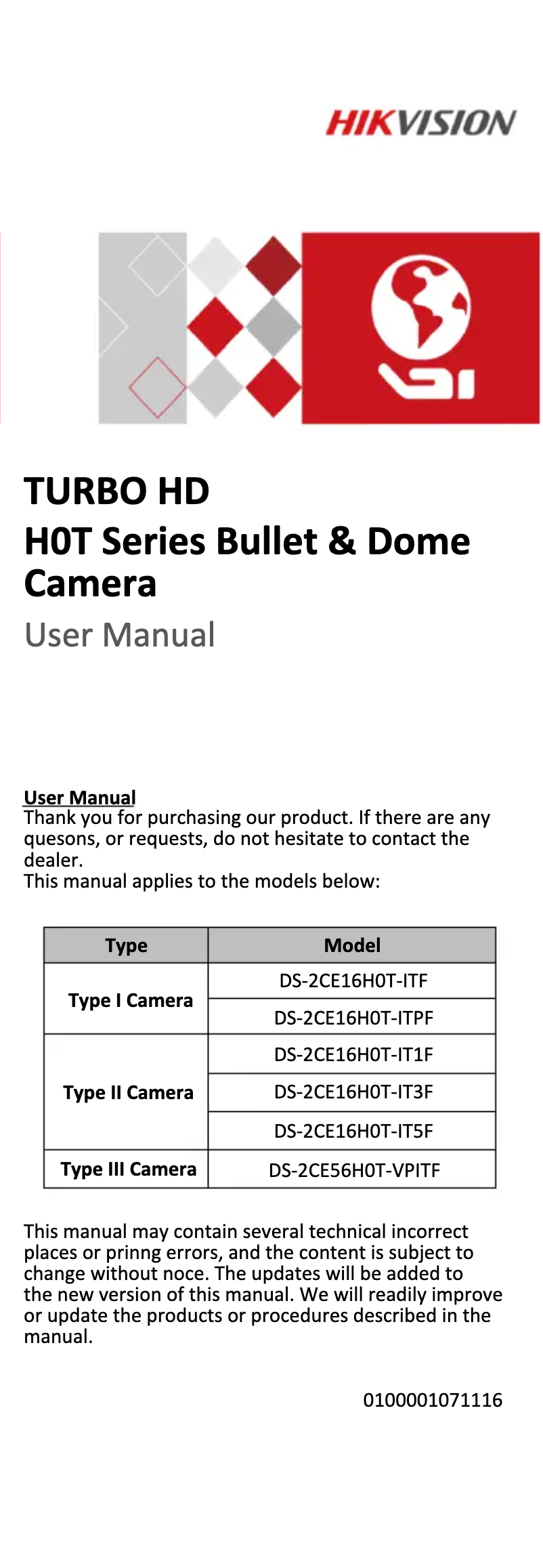 Page 1 de la notice Manuel utilisateur Hikvision IR DS-2CE56H0T-VPITF