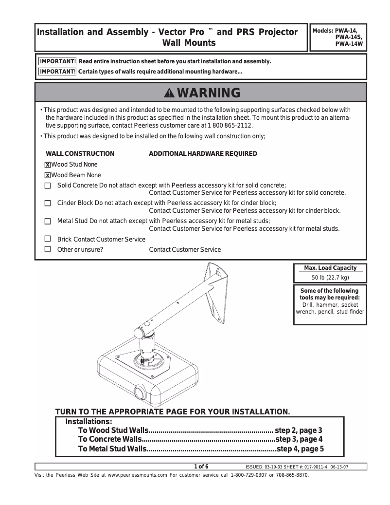 Page 1 de la notice Manuel utilisateur Peerless-AV PWA-14S