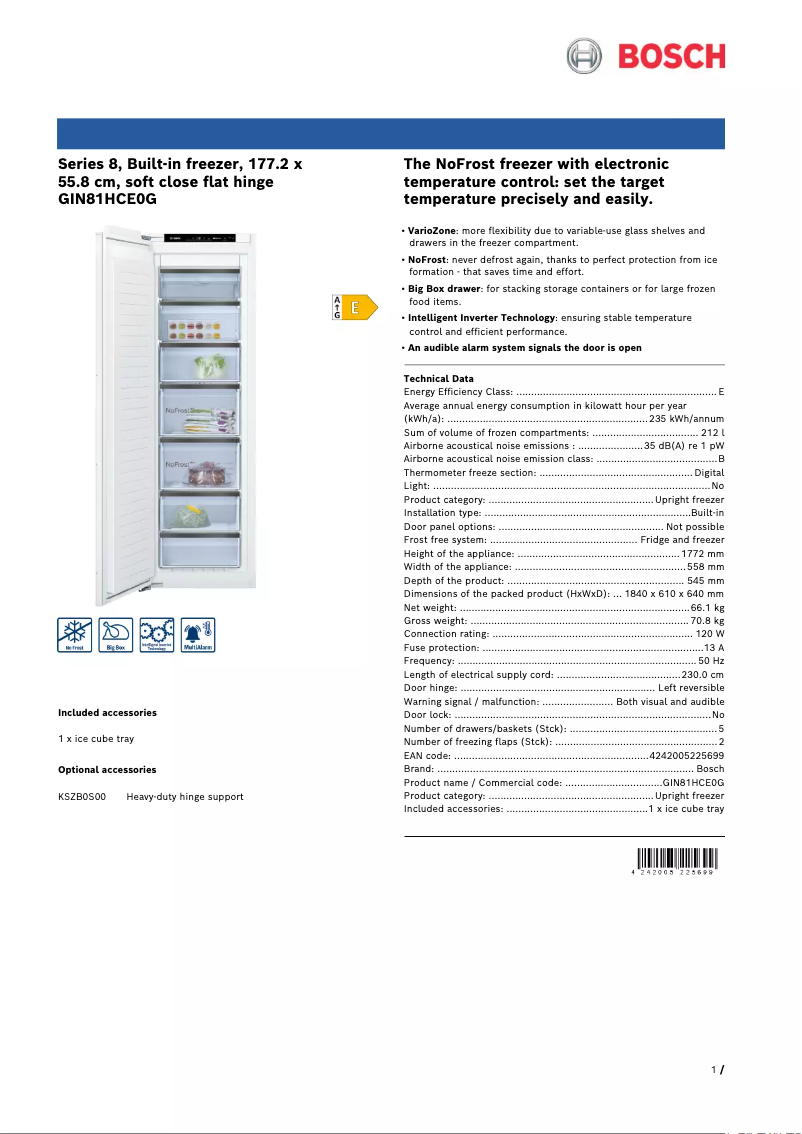 Page 1 de la notice Fiche technique Bosch GIN81HCE0G