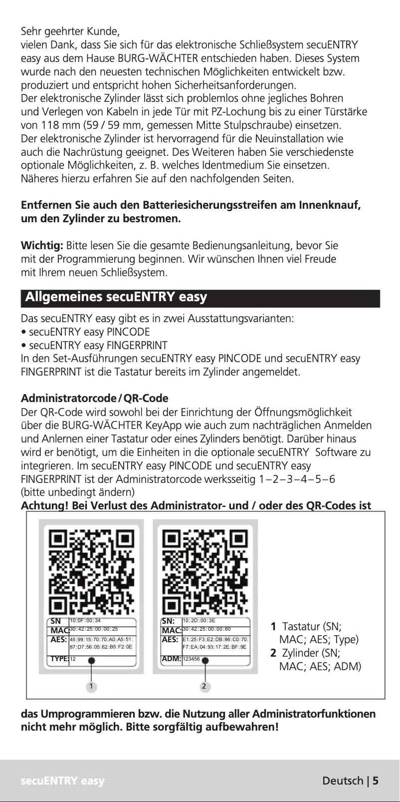 Page n°1 - Manuel utilisateur Burg Wächter secuENTRY easy 5602