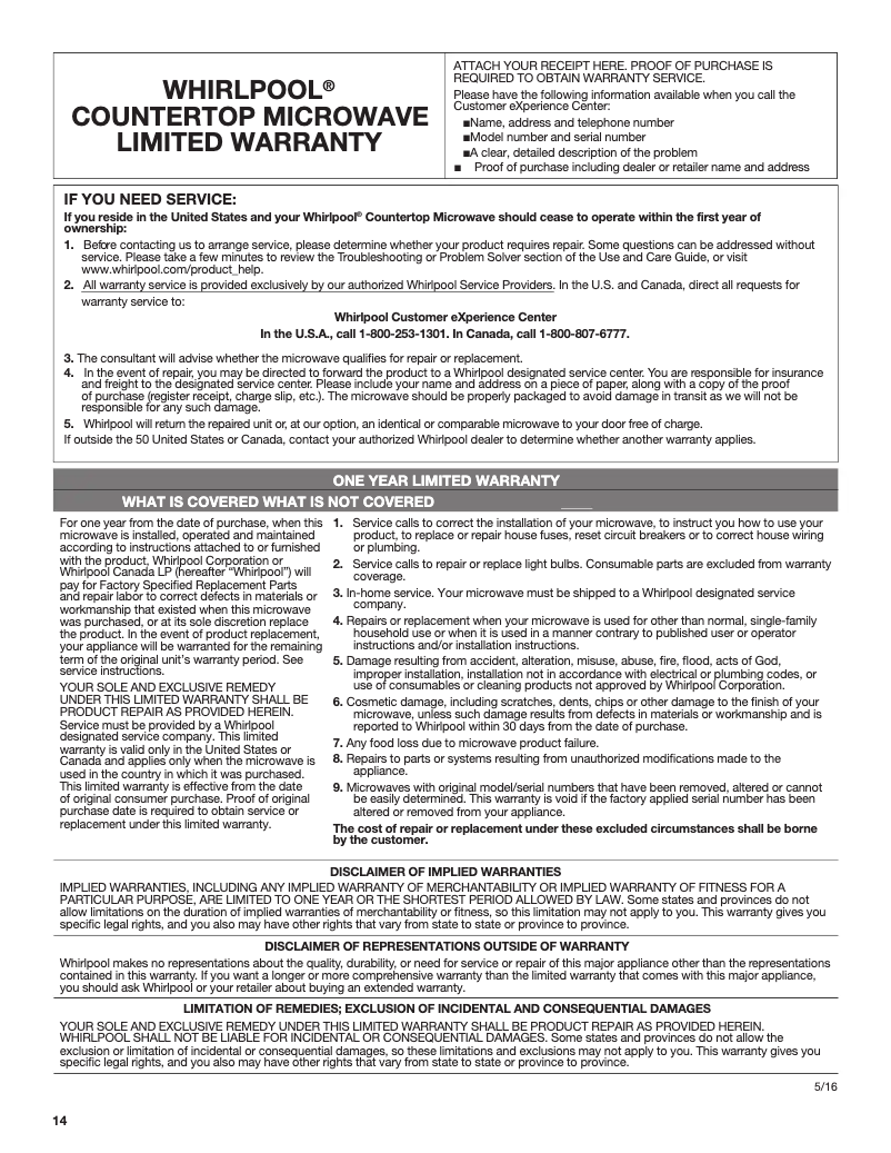 Page 1 de la notice Informations de garantie Whirlpool WMC10007AB