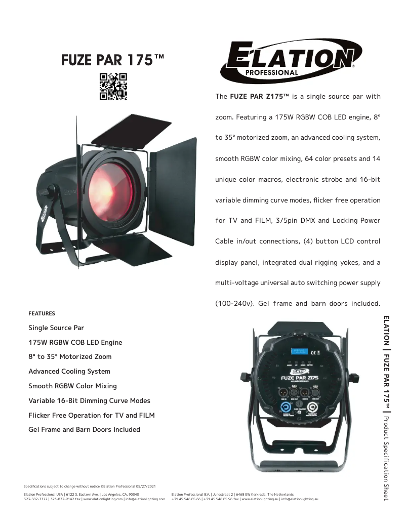 Page 1 de la notice Fiche technique Elation Fuze Par Z175