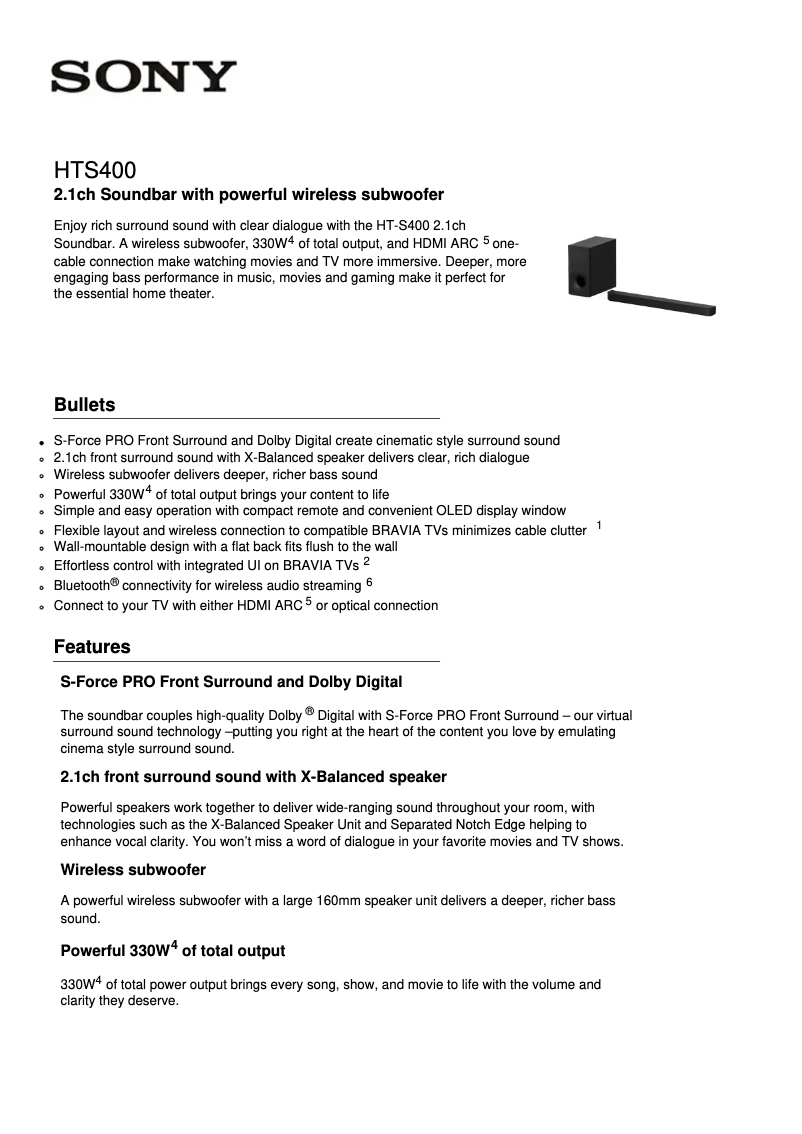 Page n°1 - Fiche technique Sony HT-S400