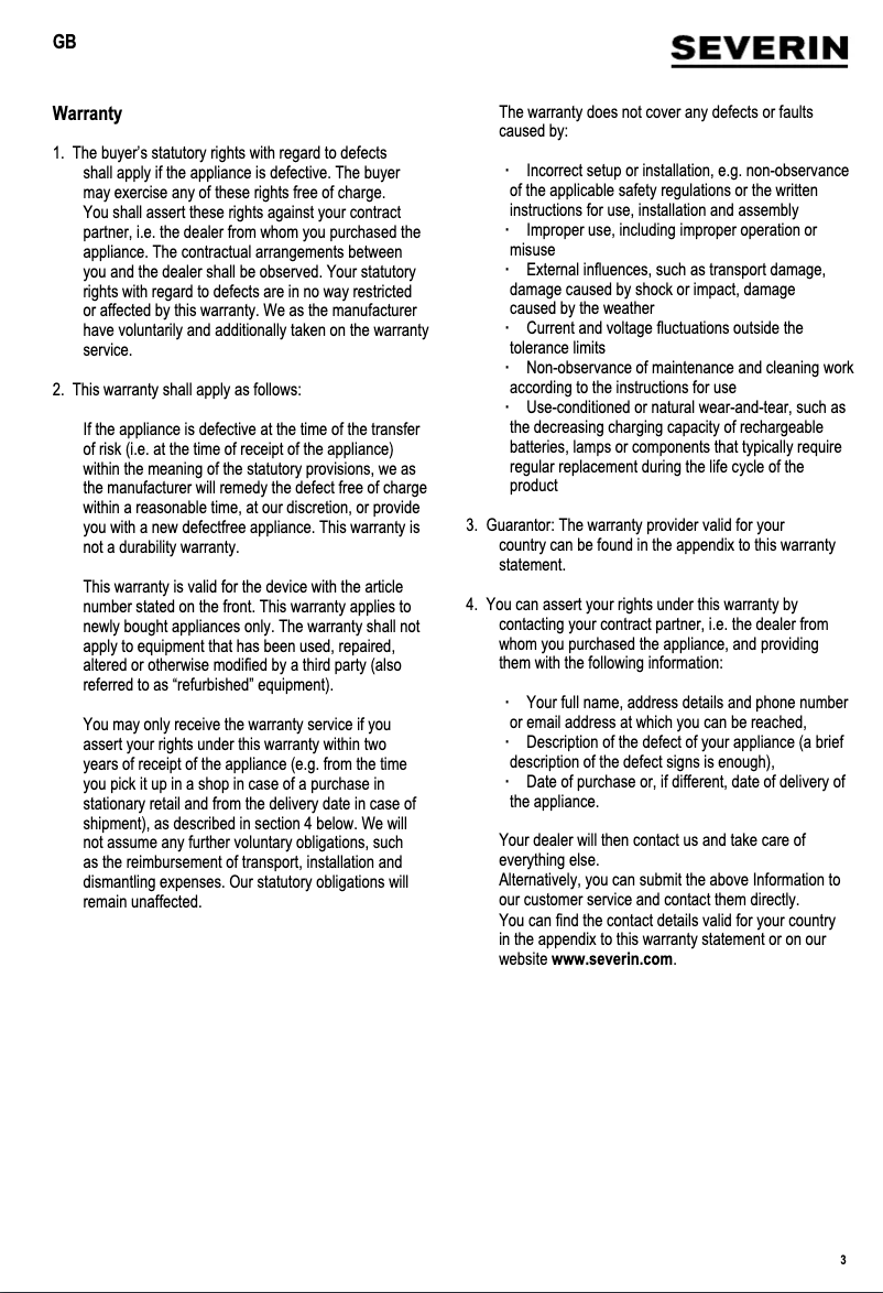 Page 1 de la notice Informations de garantie Severin MW 7918