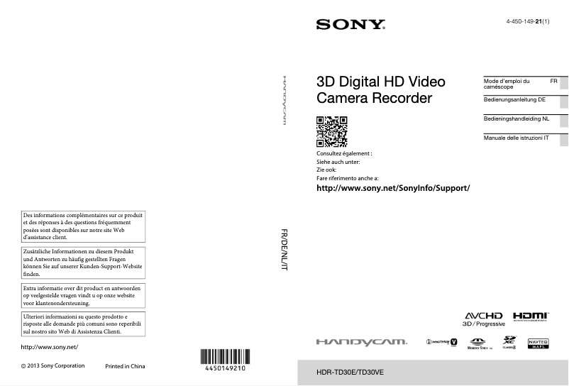 Page n°1 - Manuel utilisateur Sony HDR-TD30VE