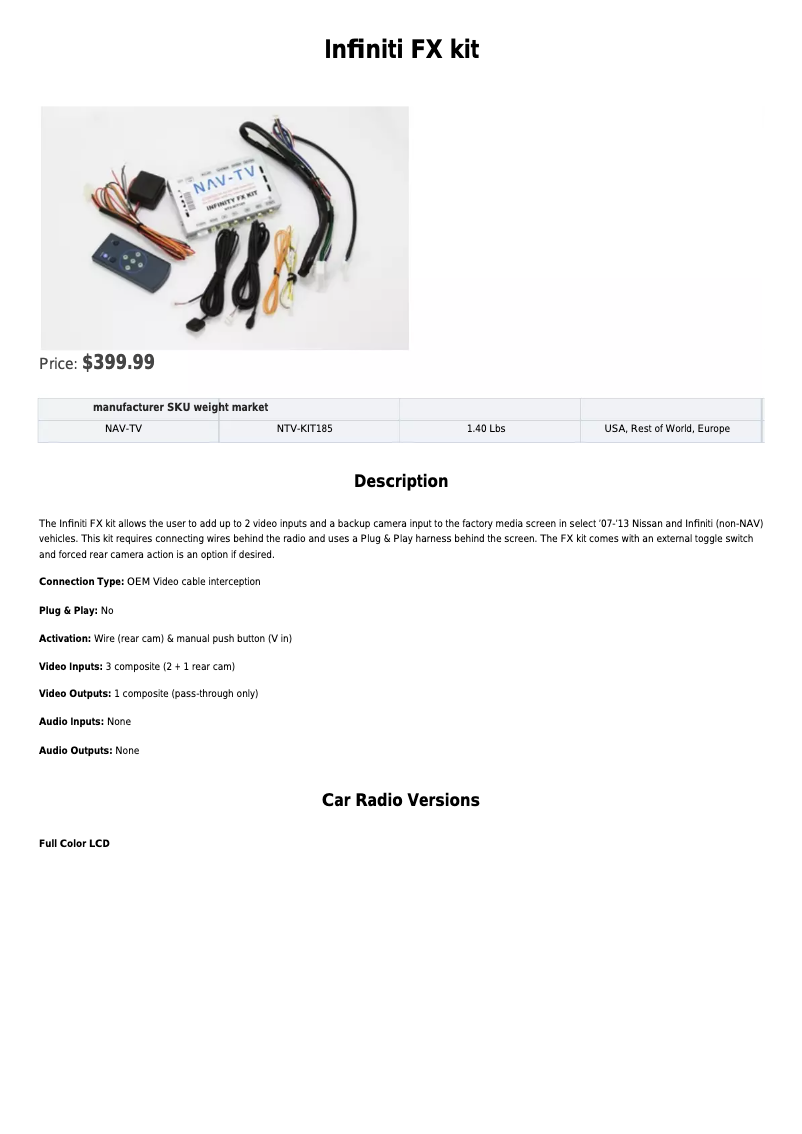 Page n°1 - Fiche technique NAV-TV NVT-KIT185