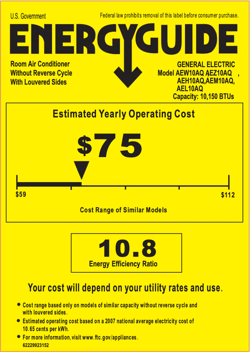 Page 1 de la notice Label énergétique GE AEM10AQ