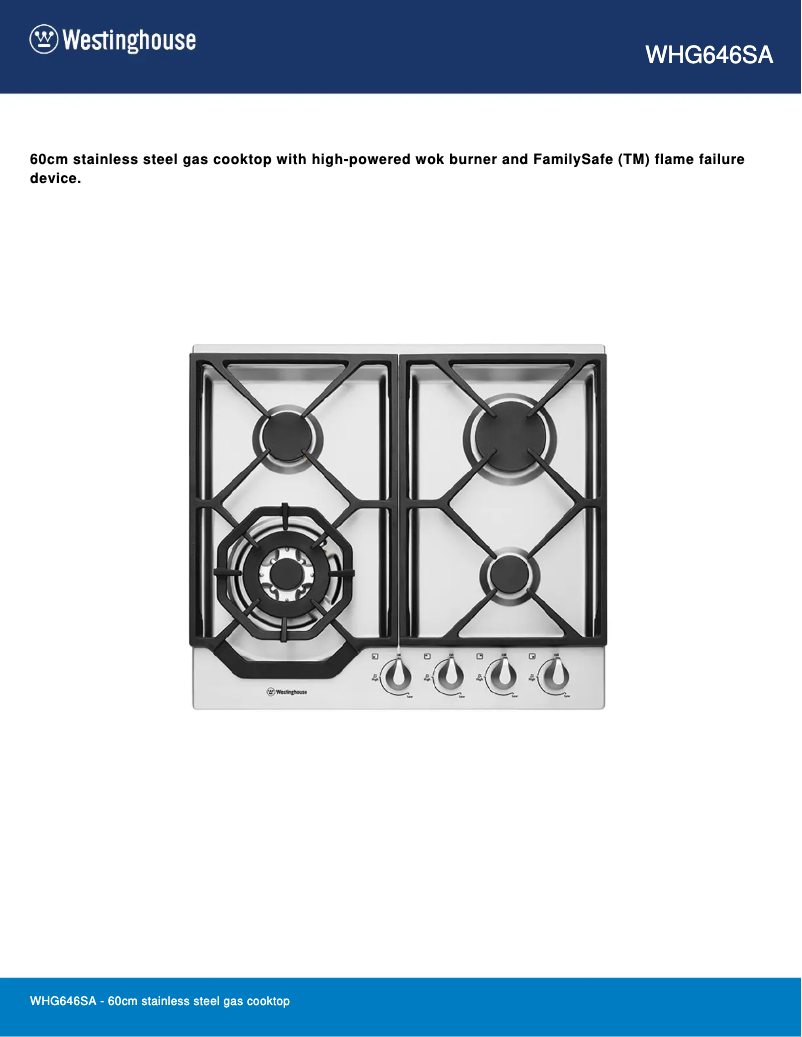 Page 1 de la notice Fiche technique Westinghouse WHG646SA
