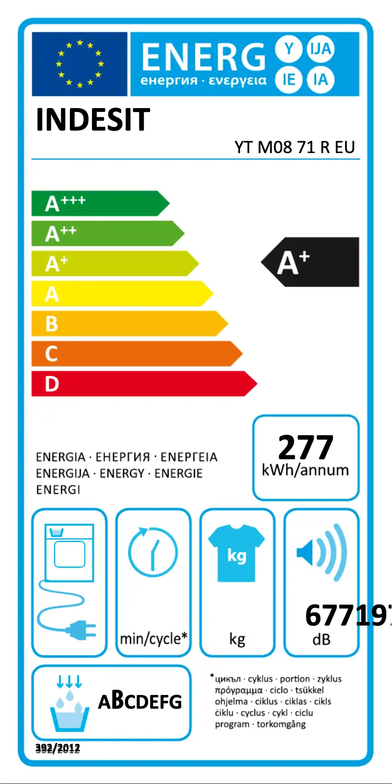 Page n°1 - Label énergétique Indesit YT M08 71 R EU