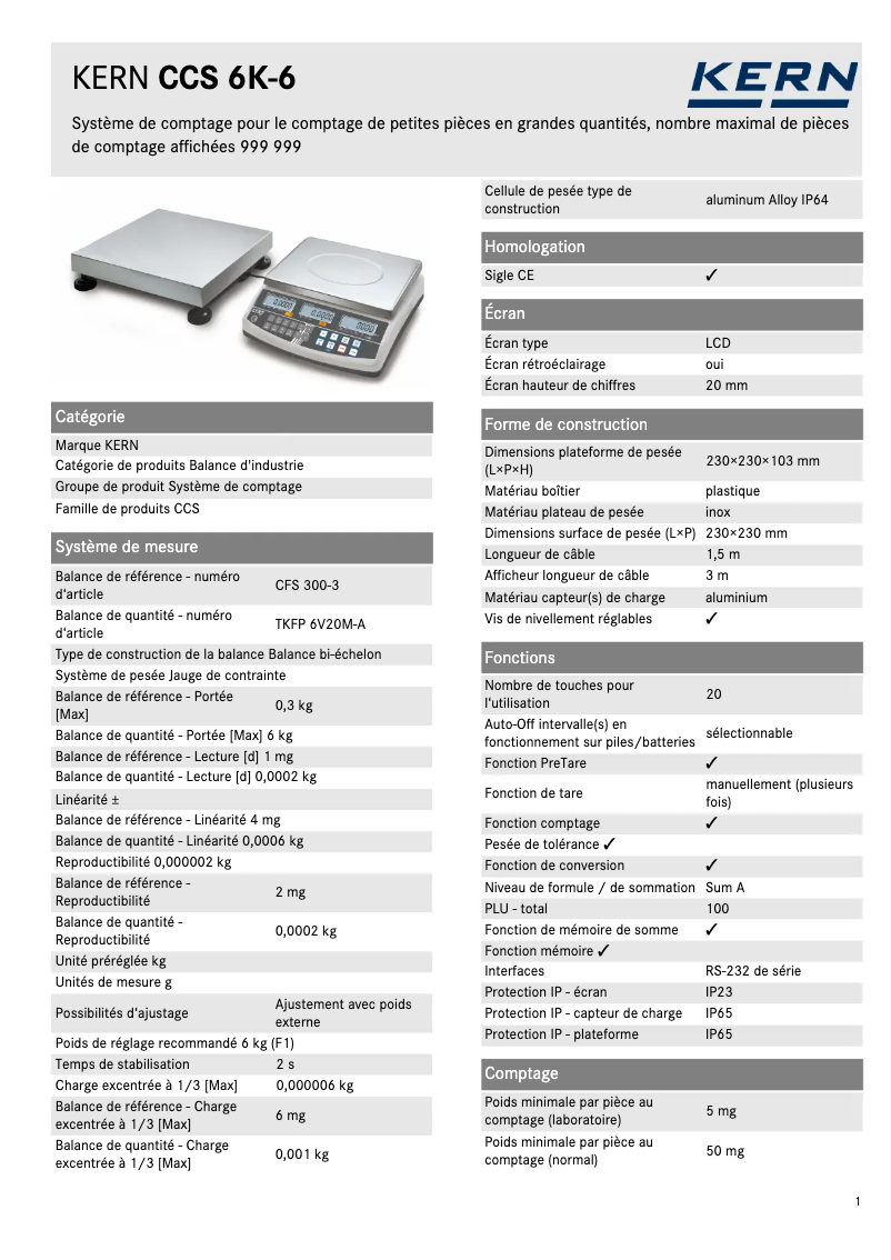 Page n°1 - Fiche technique Kern CCS 6K-6